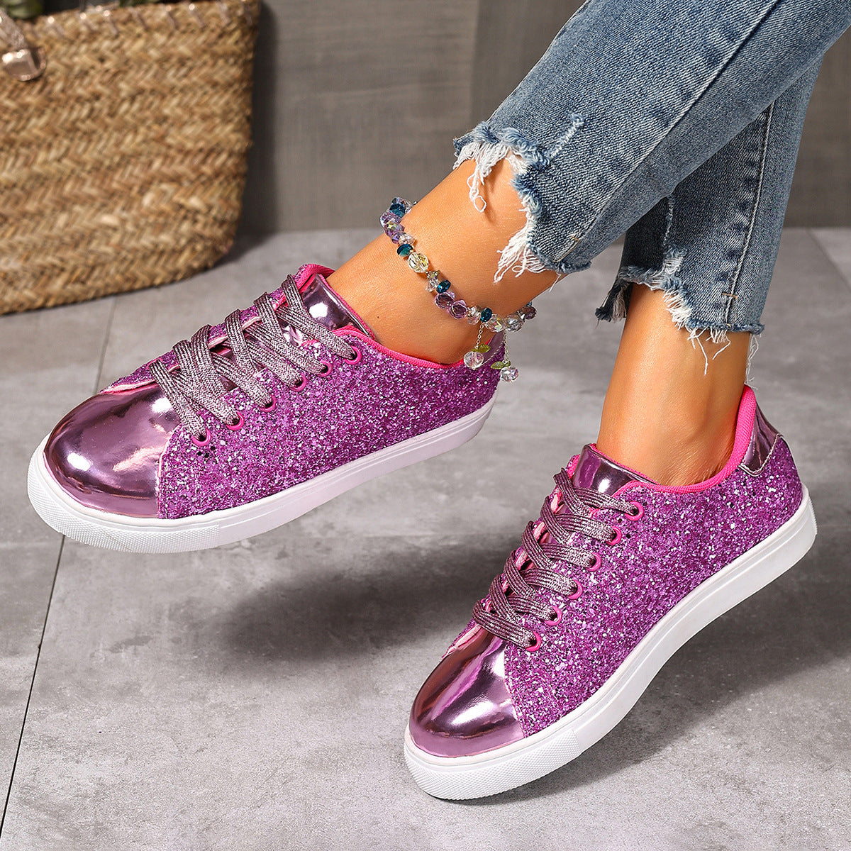 Sequined Front Lace-up Shoes