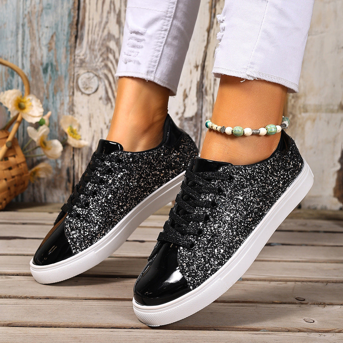 Sequined Front Lace-up Shoes