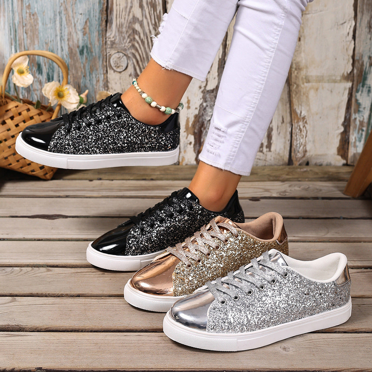 Sequined Front Lace-up Shoes