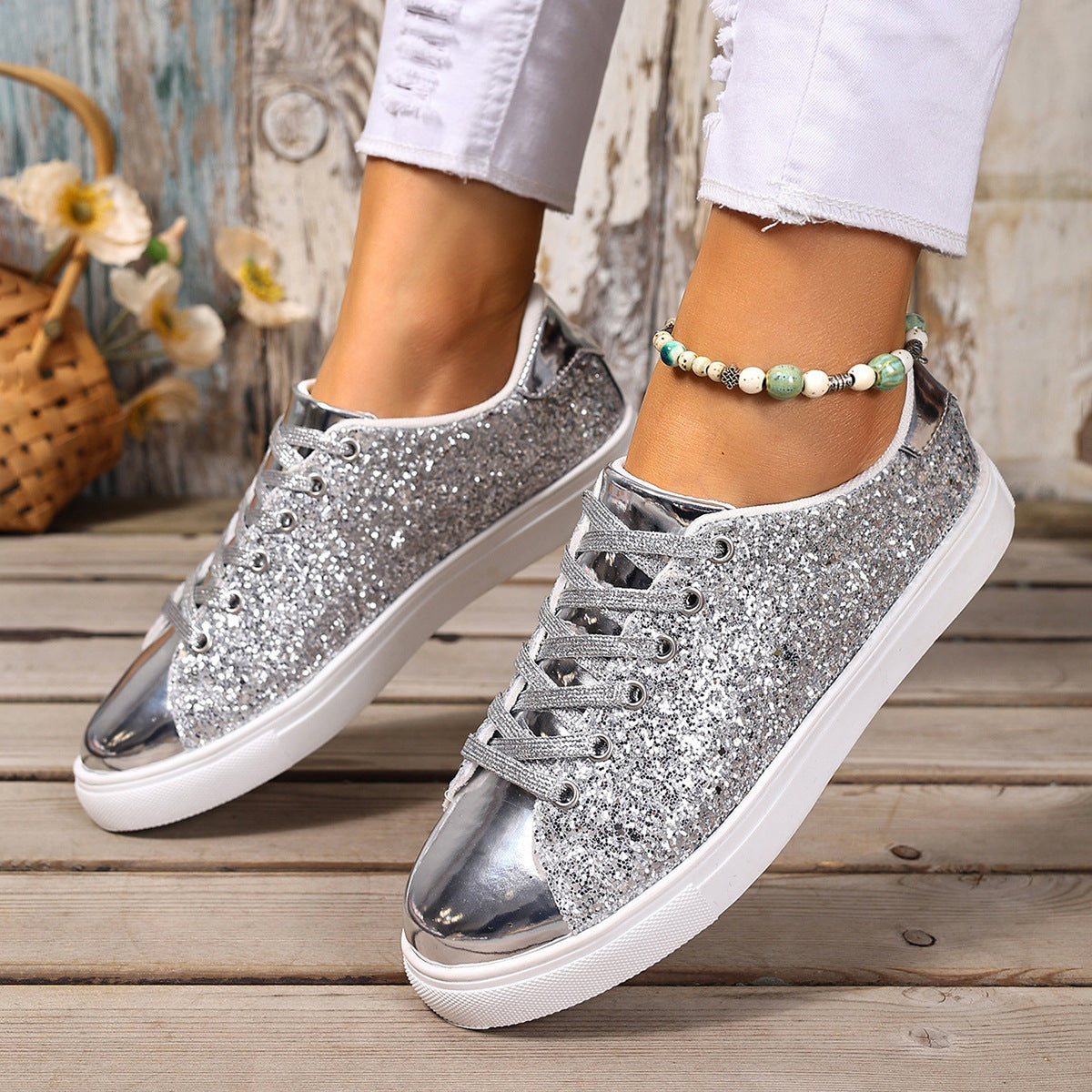 Sequined Front Lace-up Shoes