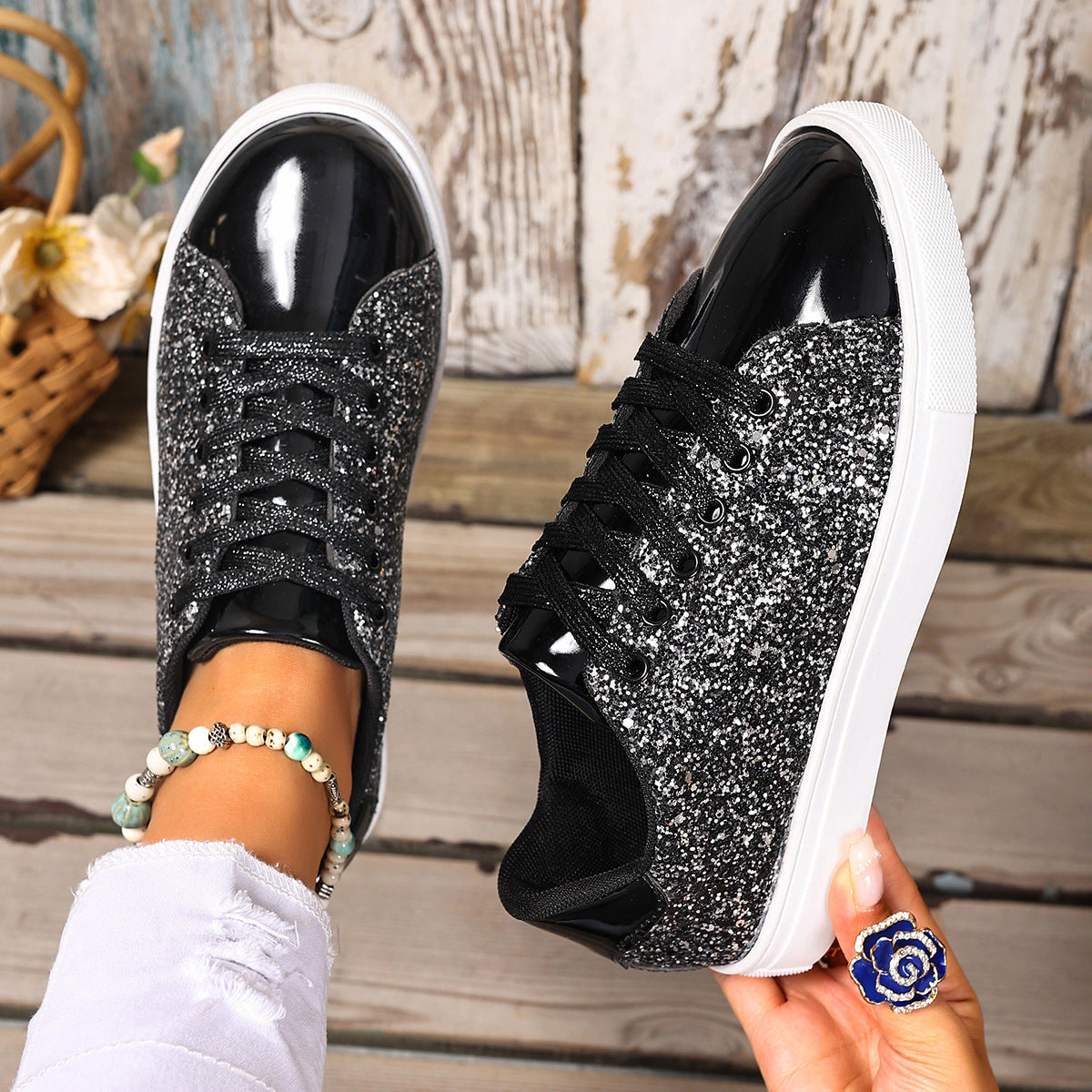 Sequined Front Lace-up Shoes