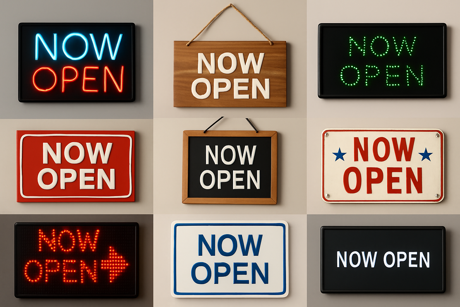 Assortment of now open signs
