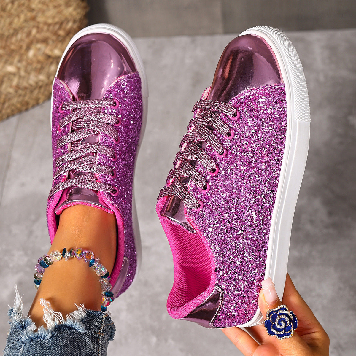 Sequined Front Lace-up Shoes