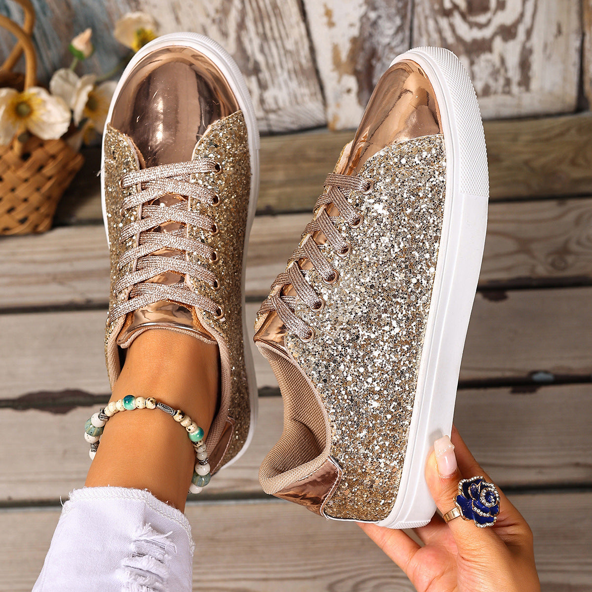 Sequined Front Lace-up Shoes