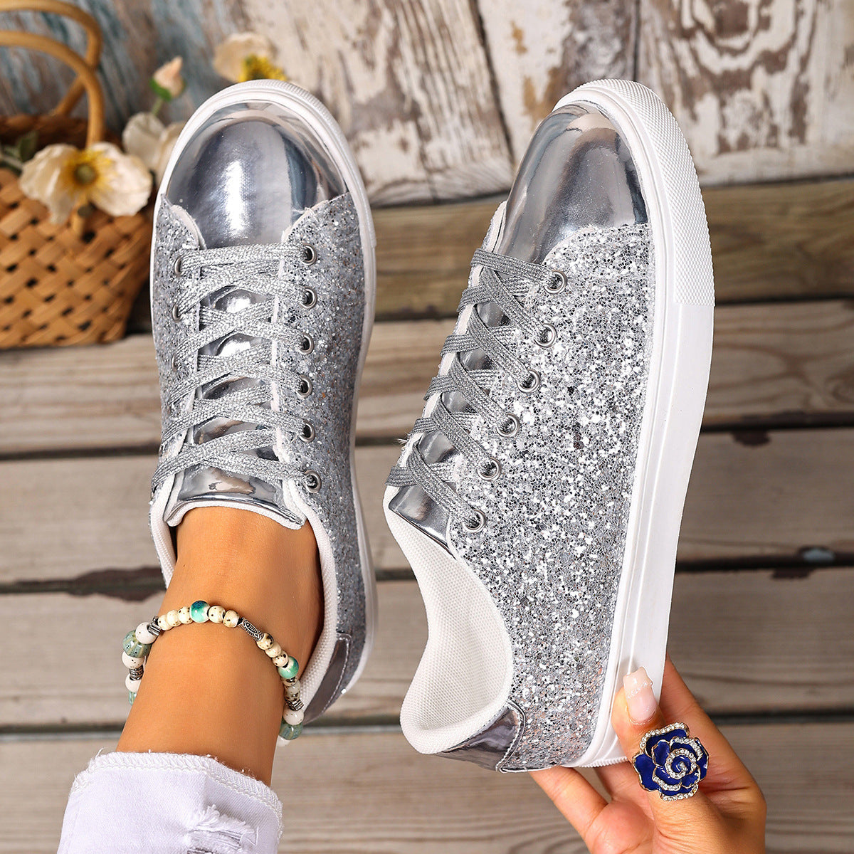 Sequined Front Lace-up Shoes